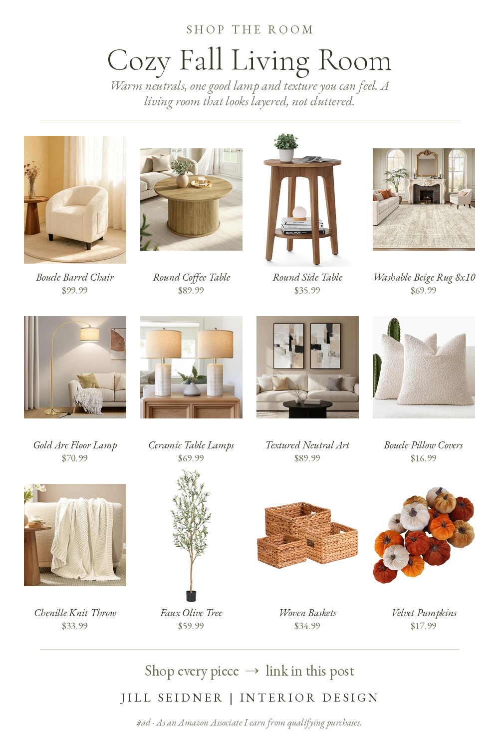 Shop the Room board: cozy fall living room with a boucle barrel chair, round coffee table, beige rug, gold arc lamp, ceramic lamps, textured art, pillows, throw, olive tree, baskets and velvet pumpkins