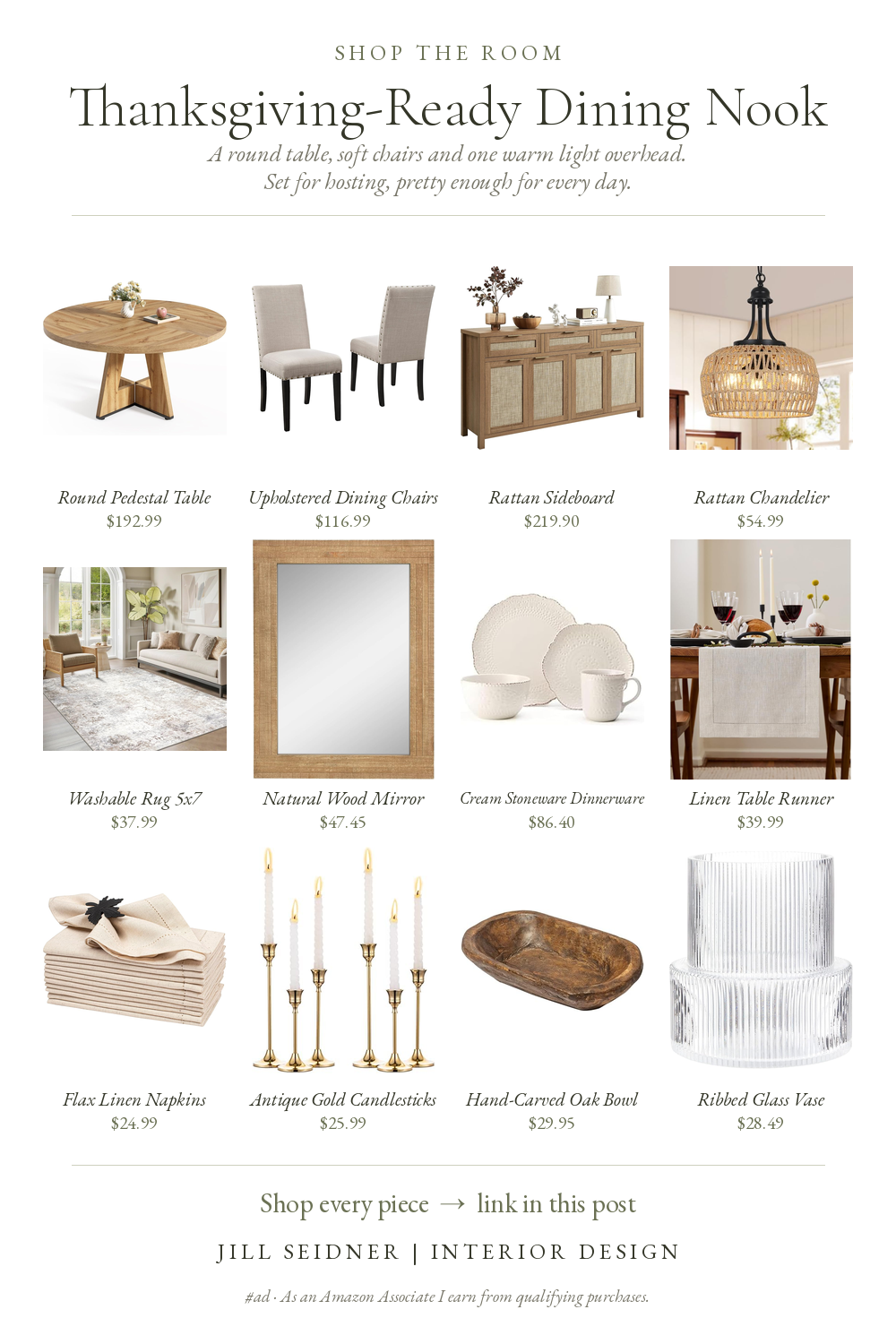 Shop the Room board: Thanksgiving-ready dining nook with a round pedestal table, upholstered chairs, rattan sideboard, rattan chandelier, washable rug, wood mirror, cream stoneware, linen runner and napkins, gold candlesticks, oak bowl and ribbed glass vase
