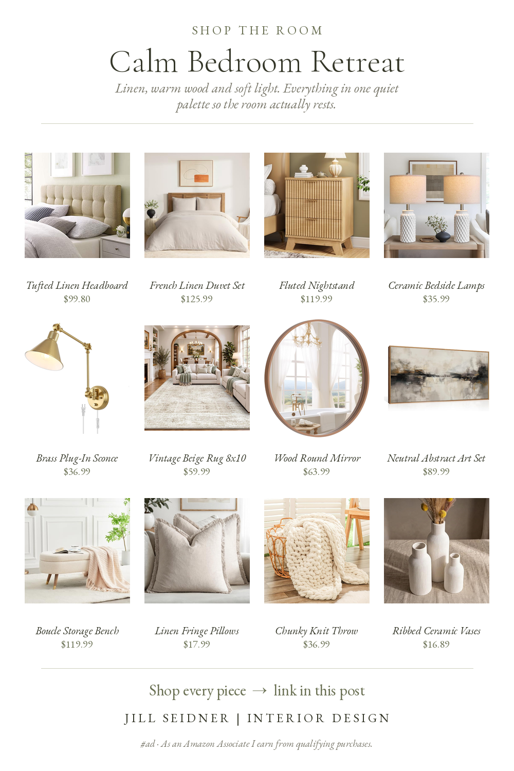Shop the Room board: calm bedroom retreat with a tufted linen headboard, French linen duvet, fluted nightstand, ceramic lamps, brass sconce, beige rug, round wood mirror, abstract art, boucle bench, pillows, throw and ribbed vases